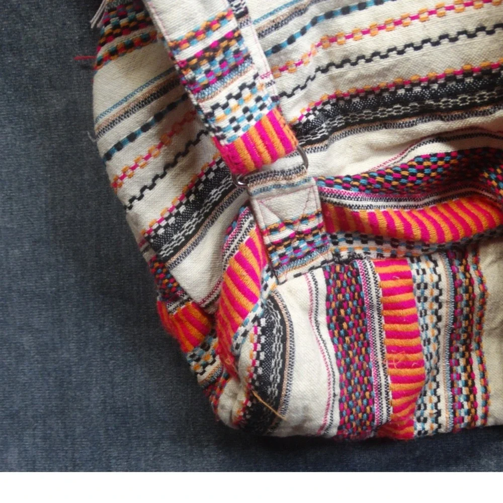 America & Beyond Boho Woven Backpack Womens Small Tassel Multicolor Festival Bag